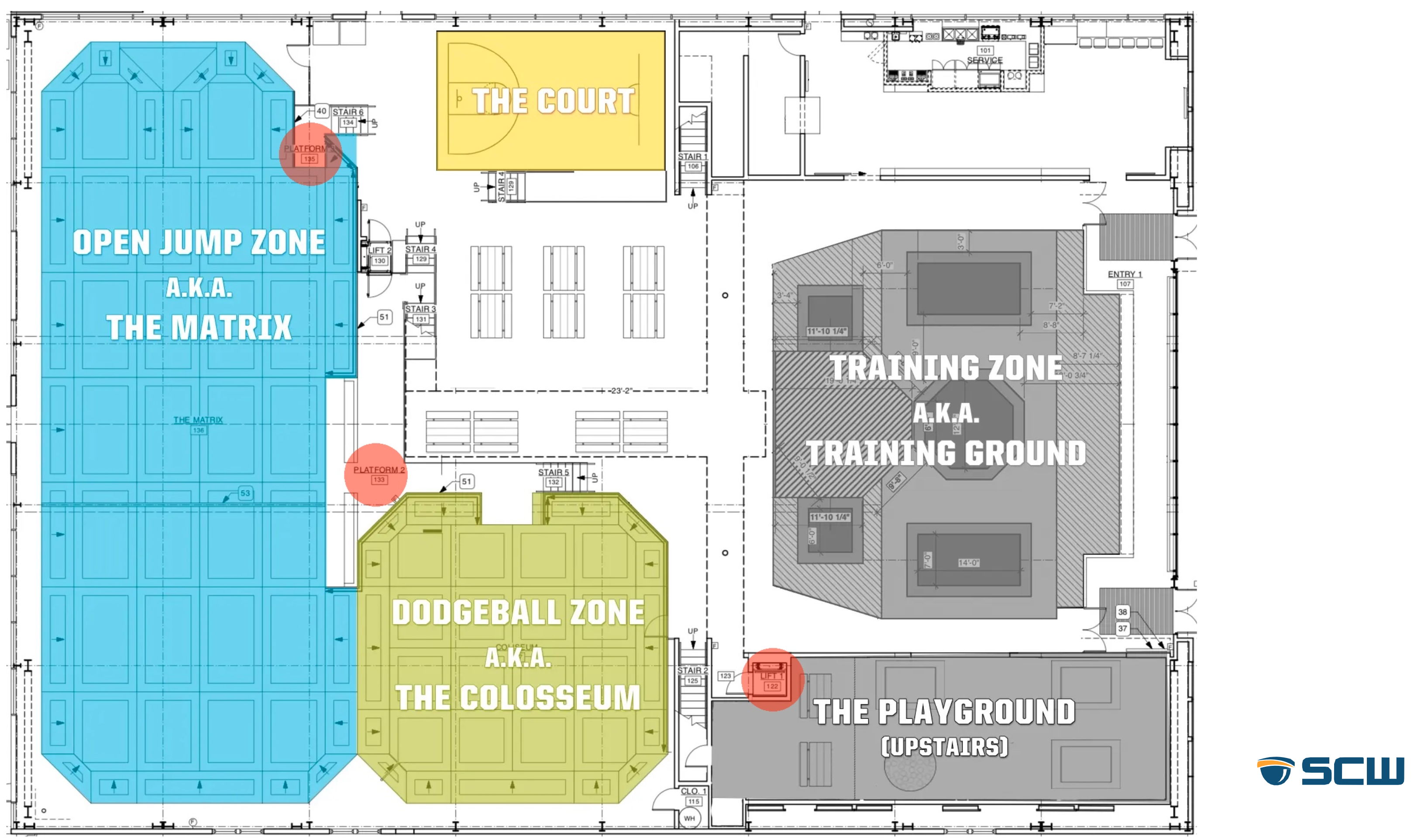 Trampoline park floorplan used to plan screen placement and monitored zones